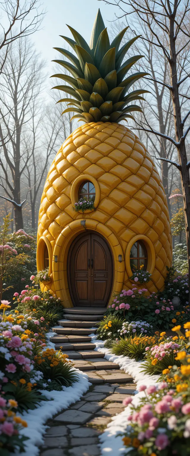 Pineapple shaped fantasy house in a peaceful fairy garden
