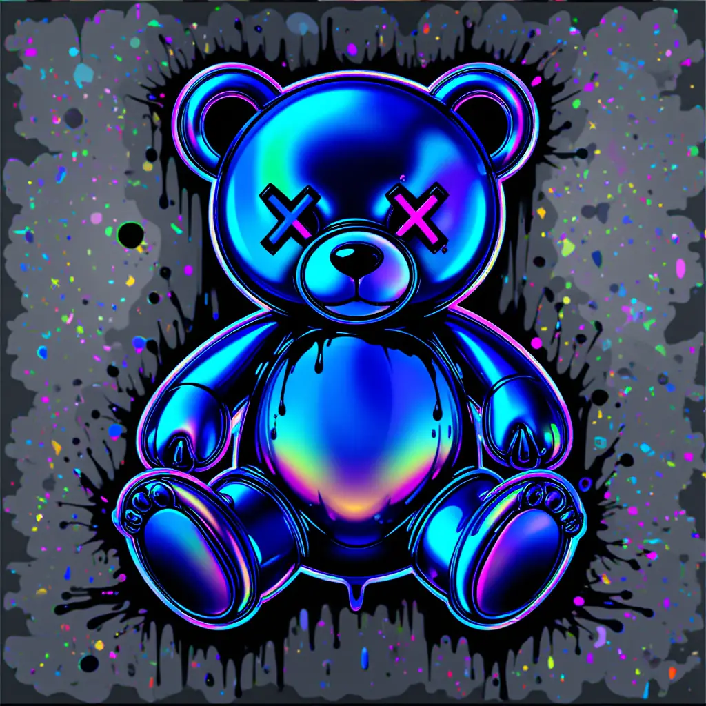 Neon outline teddy bear with dripping iridescent colors