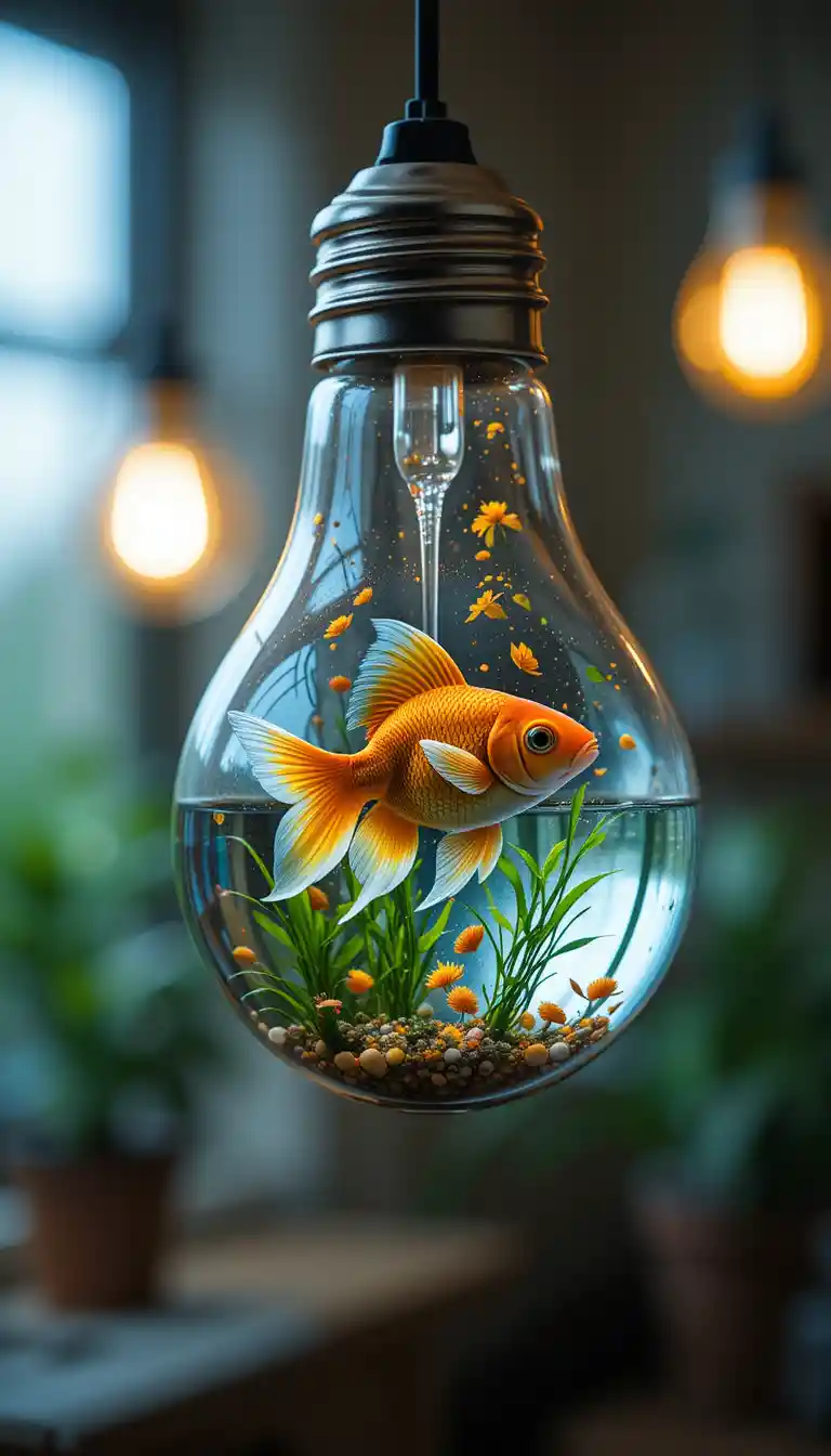 Surreal close up of a lightbulb with goldfish inside