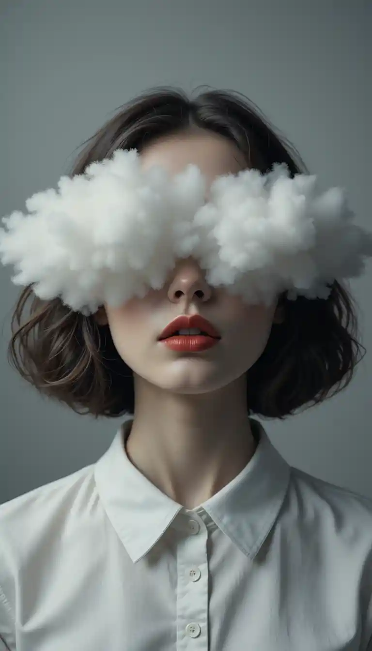 Surreal portrait of a woman with clouds over her eyes