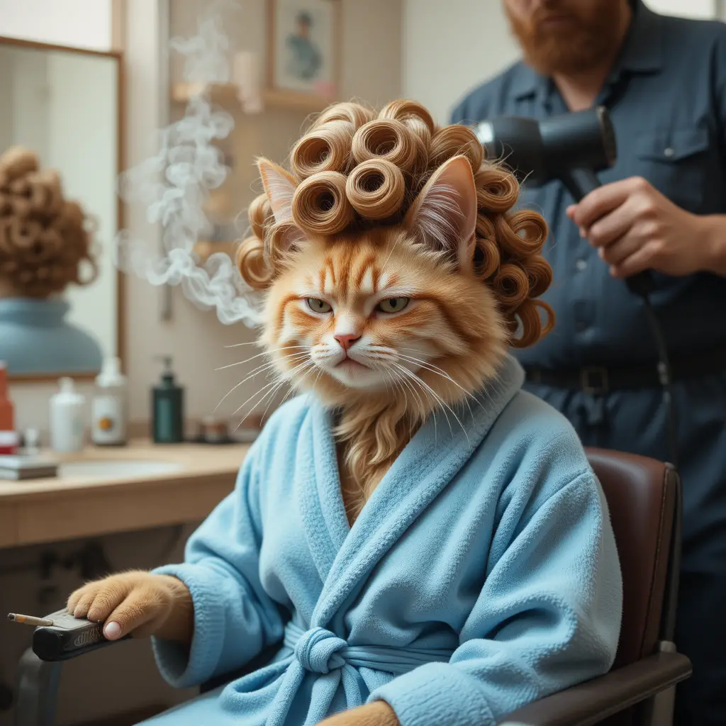 Angry cat in blue bathrobe smoking in salon chair