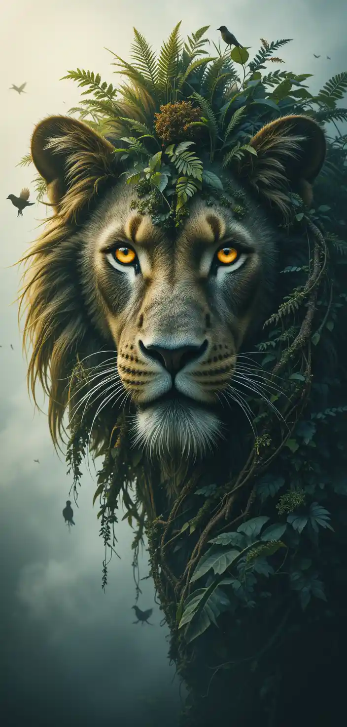 Majestic lion portrait fused with a lush jungle