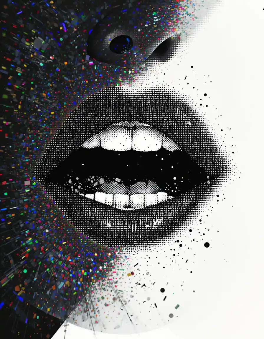 Minimalist black and white halftone lips close up