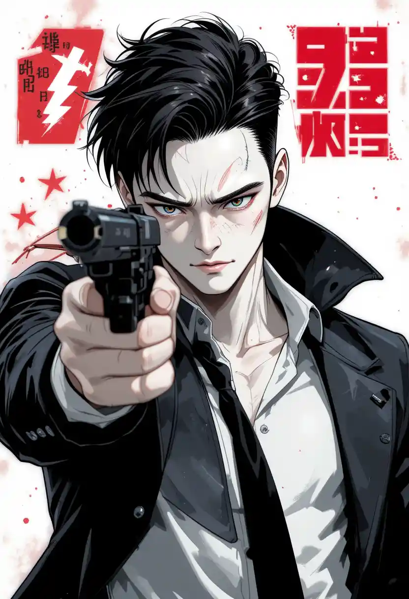 Manhwa style spy man aiming a handgun