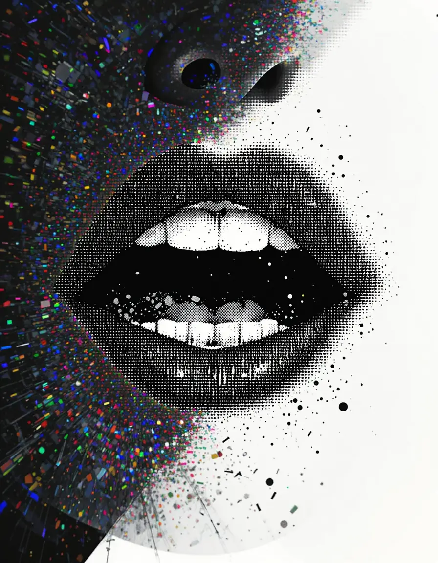 Minimalist black and white halftone lips close up