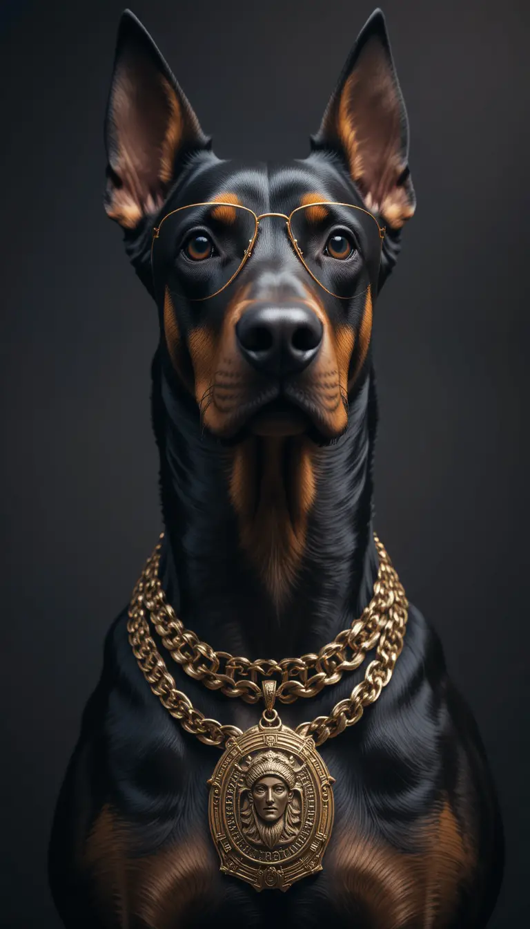Majestic doberman in gold chains and aviator glasses