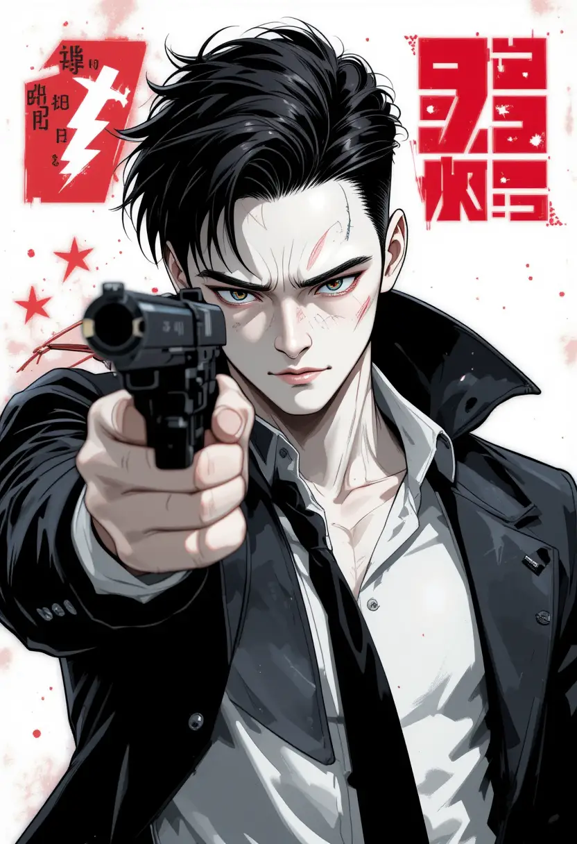 Manhwa style spy man aiming a handgun