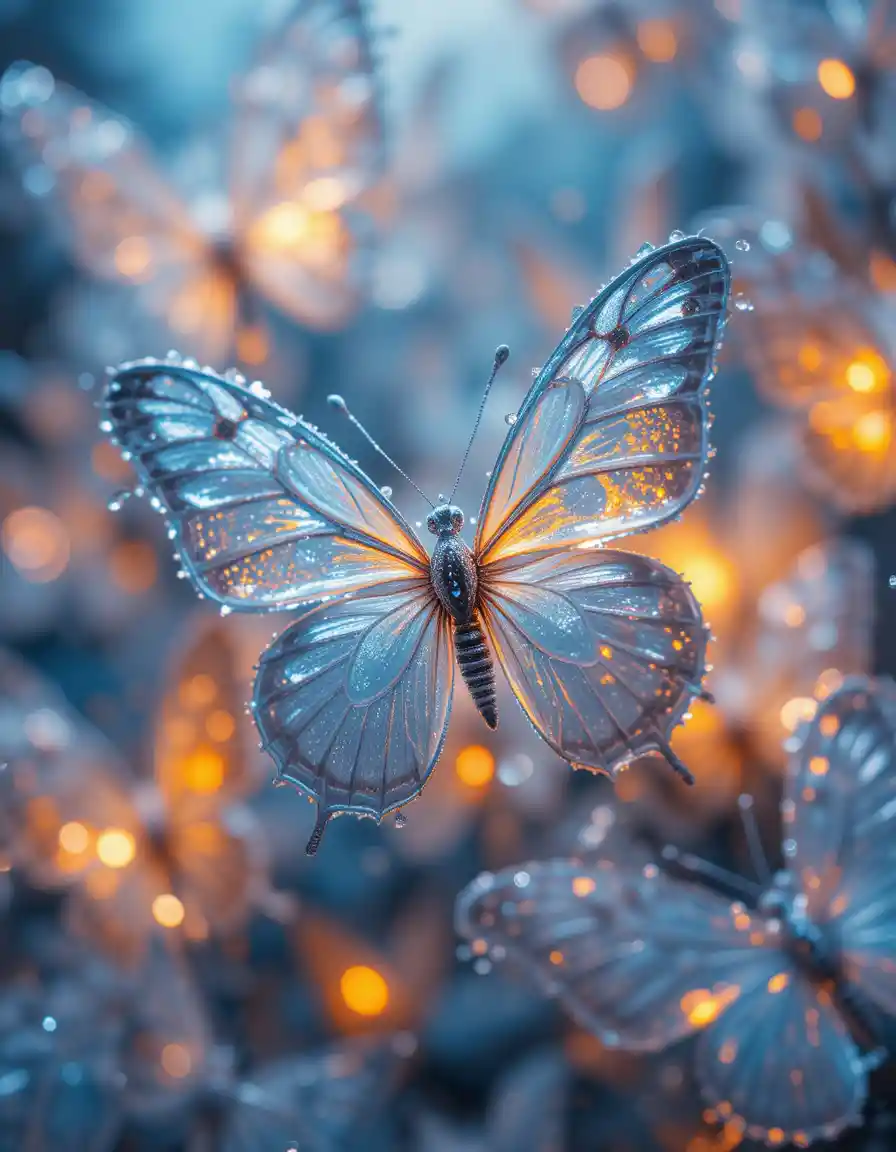 Primer plano de mariposas heladas y de fuego en una luz resplandeciente