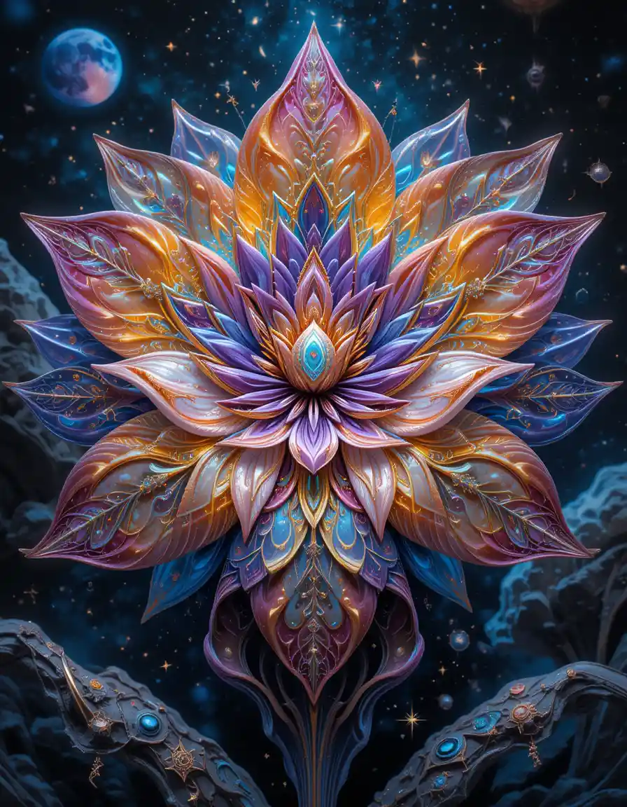 Radiant alien flower with glowing cosmic background