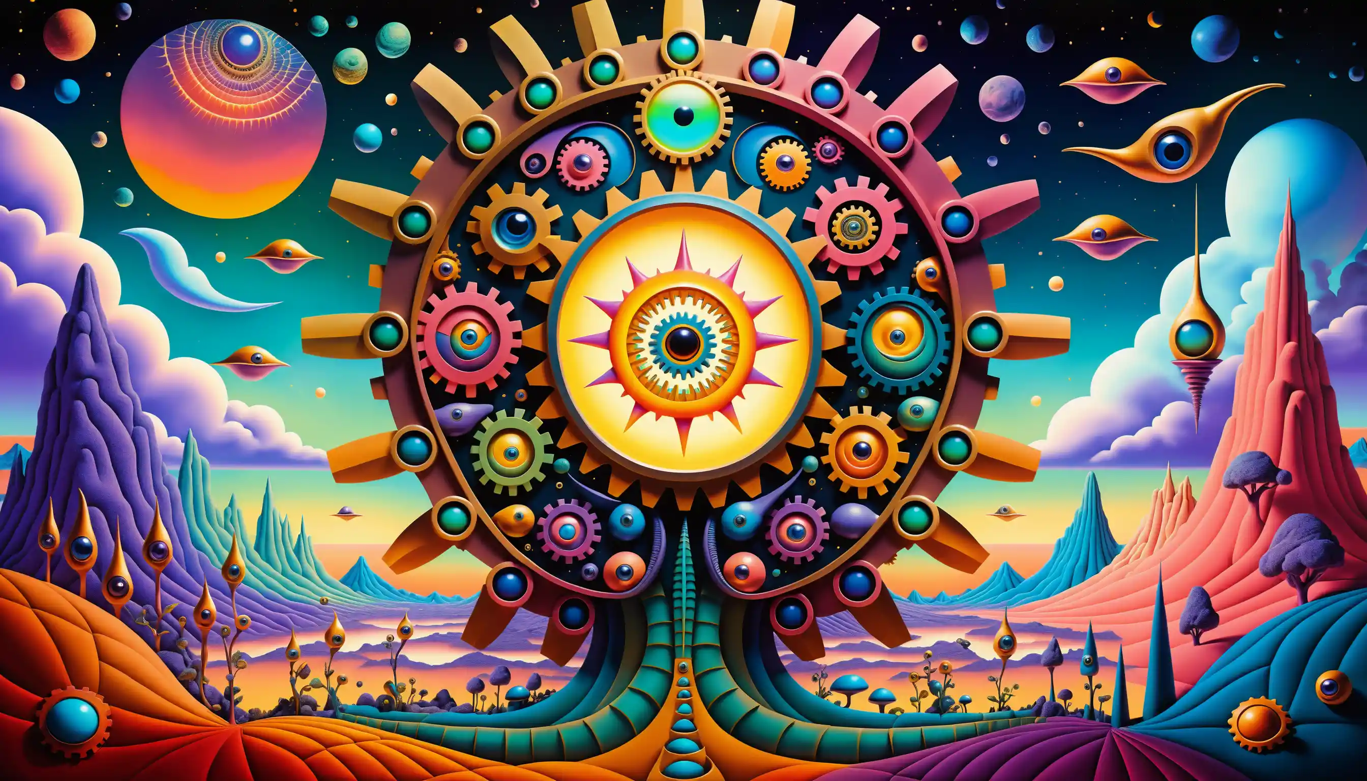 Mechanical slugs in a surreal dreamlike alien landscape