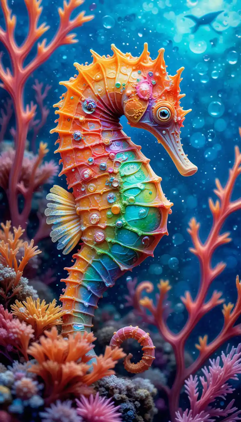Colorful rainbow seahorse among coral in blue ocean