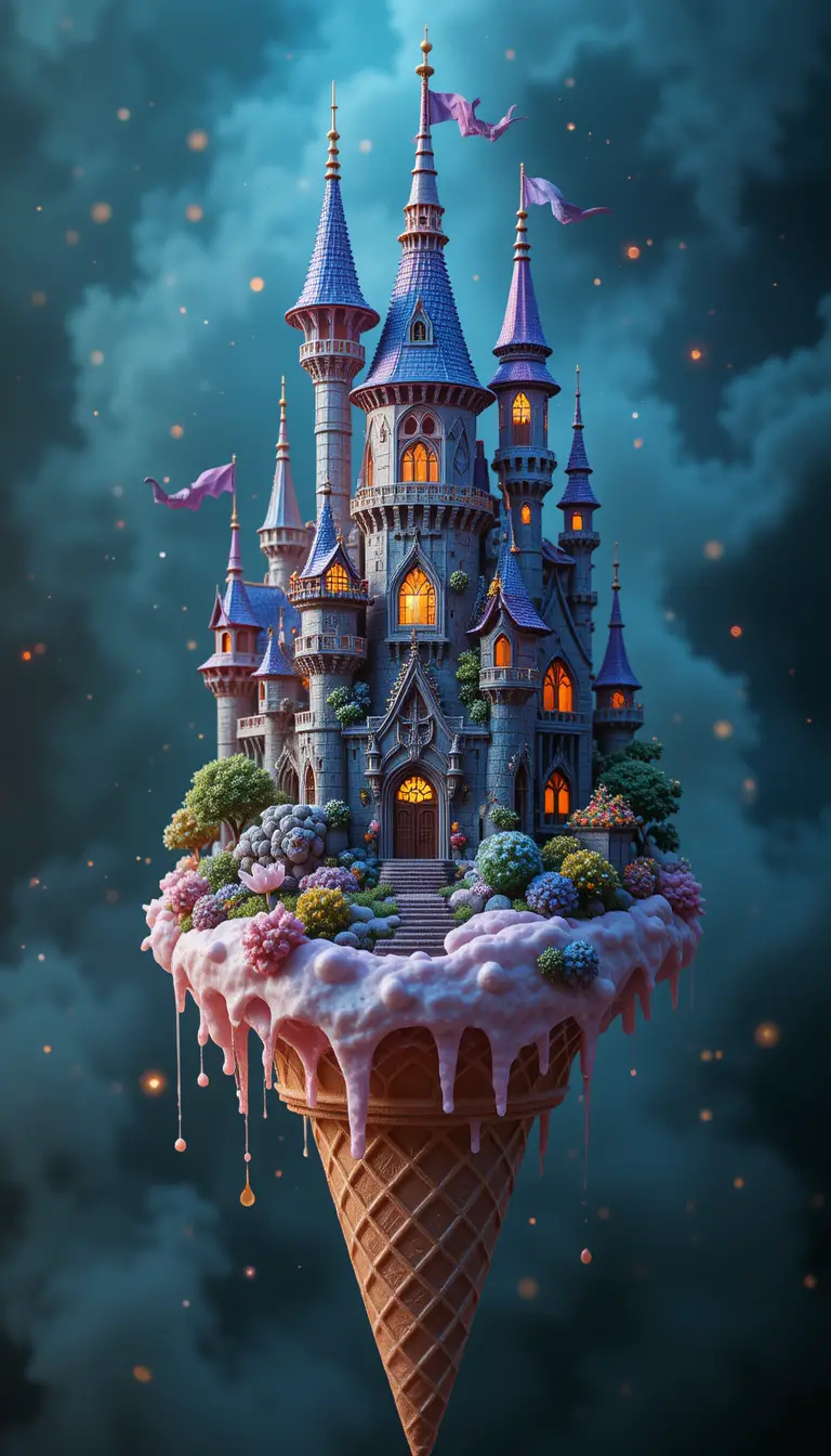 Floating fantasy wizard castle above an ice cream cone