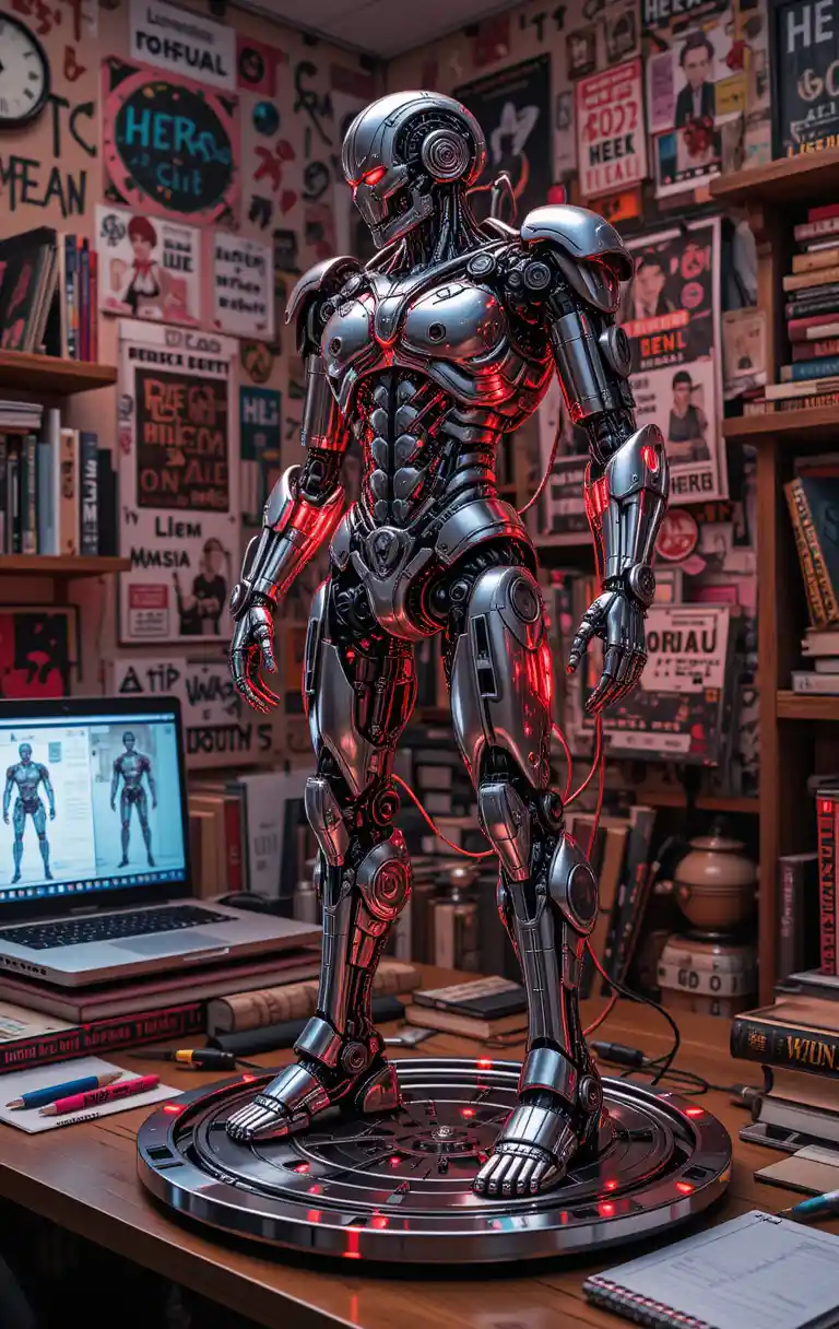 Intricate mecha robot figure on futuristic charging platform