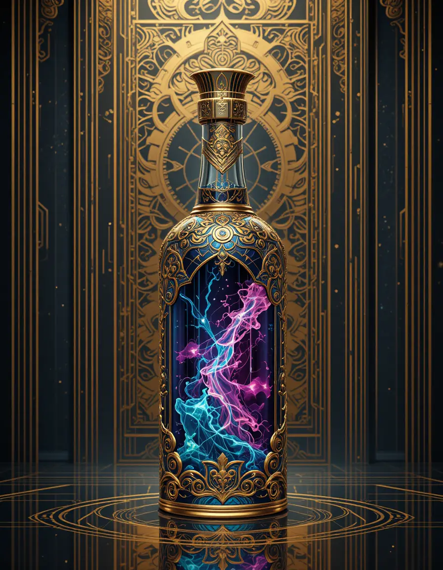 Golden bottle with mythical colorful liquid on obsidian background