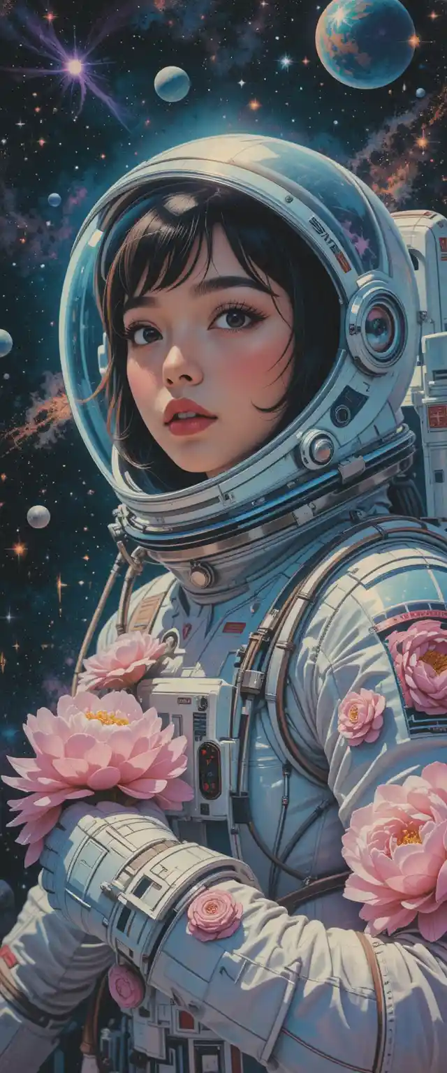 Neon astronaut woman floating in dreamy outer space