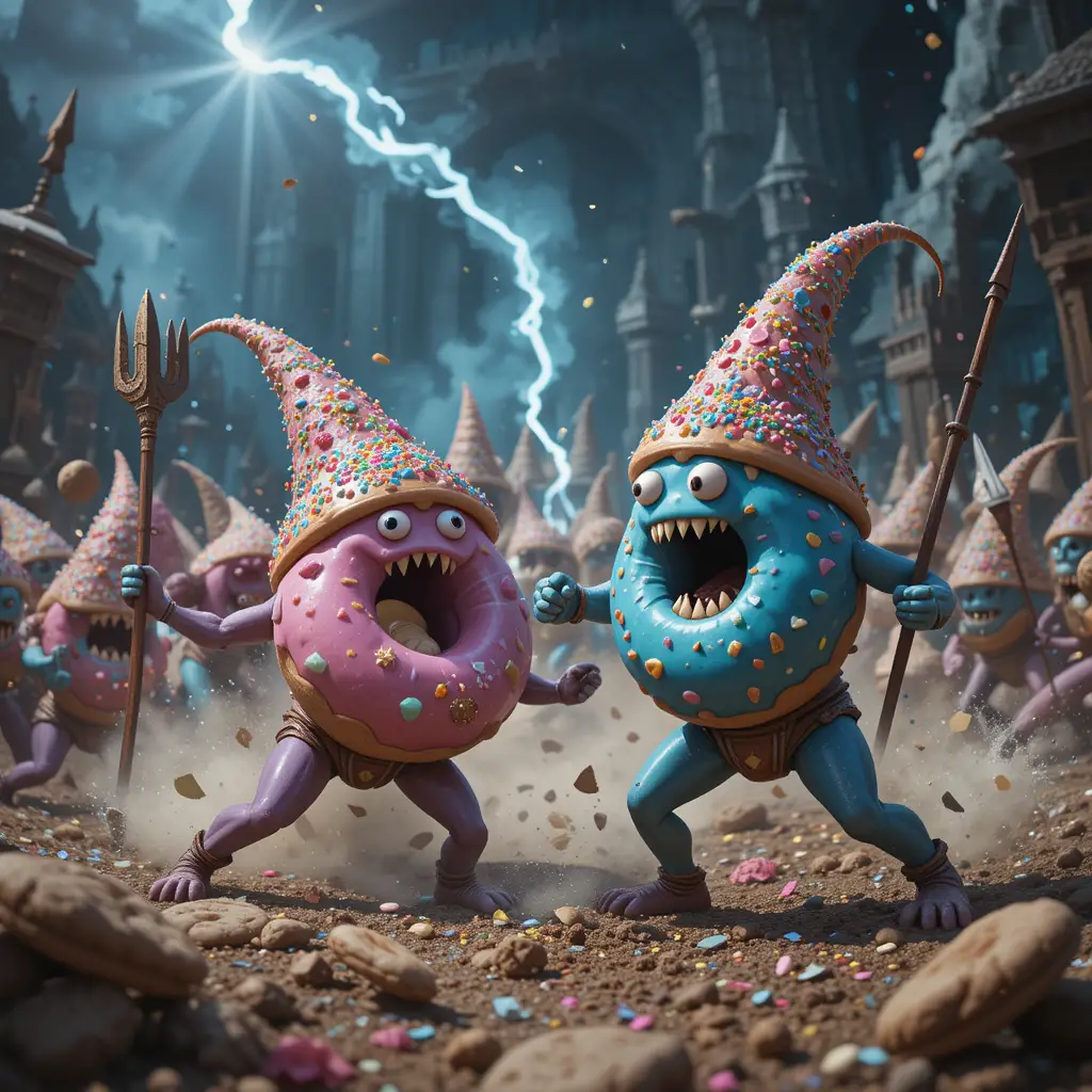 Whimsical donut creatures defending a sugary fantasy kingdom