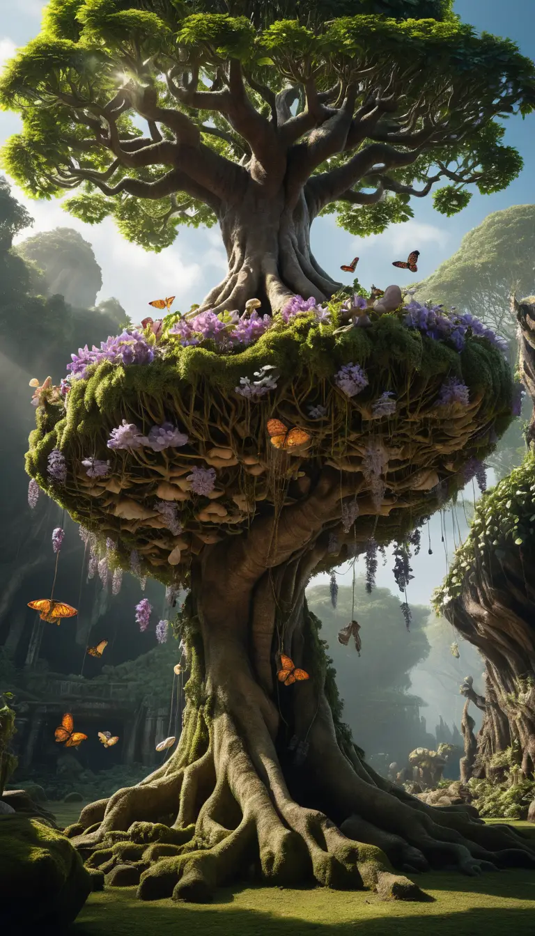 Floating fantasy rock garden with tree roots and flowers