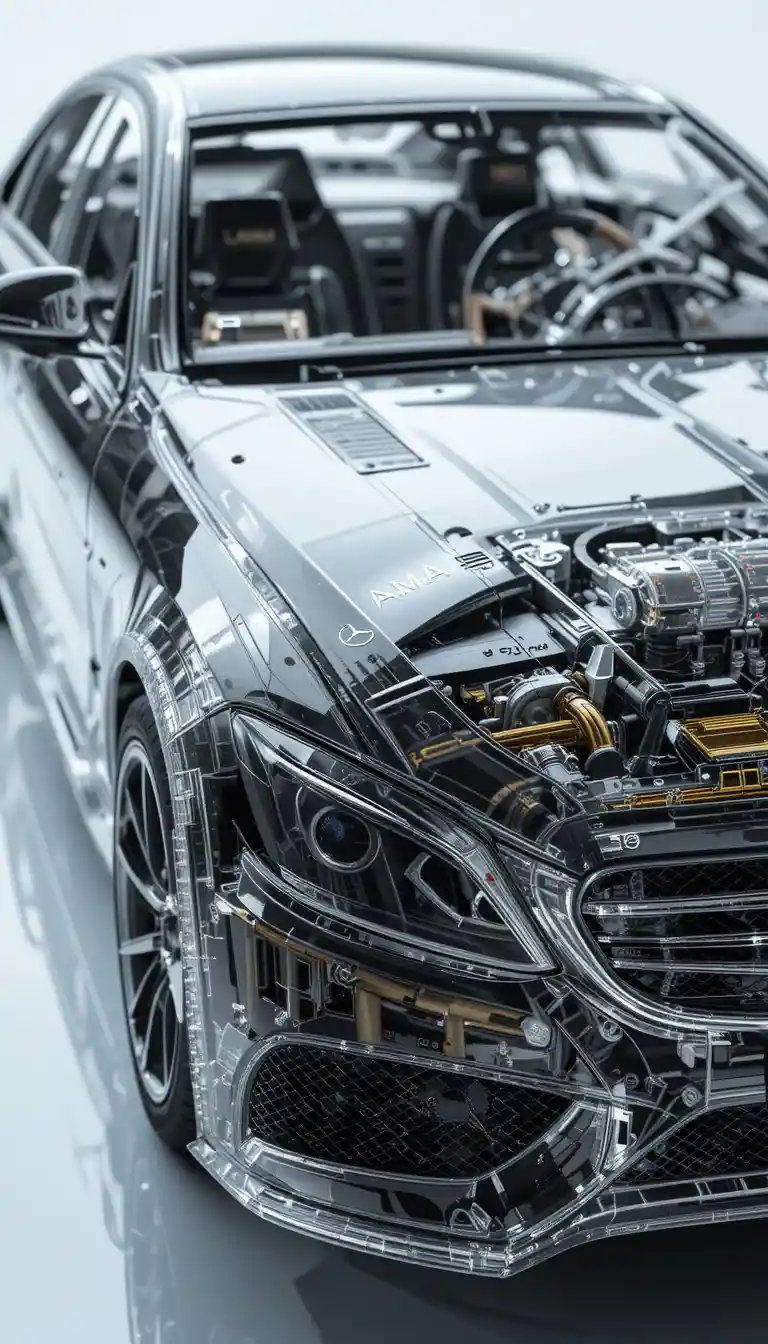 Transparent Mercedes style sedan model revealing internal mechanics