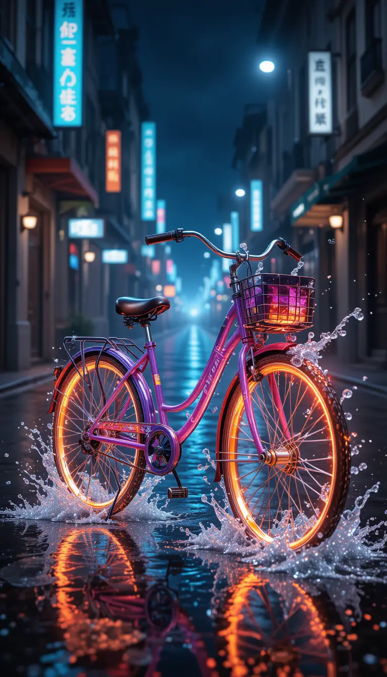 Colorful anime bicycle on a dark city street with water
