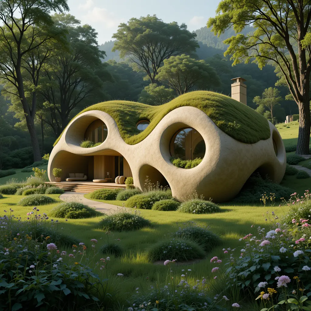 Modern cob house with organic design in lush green landscape