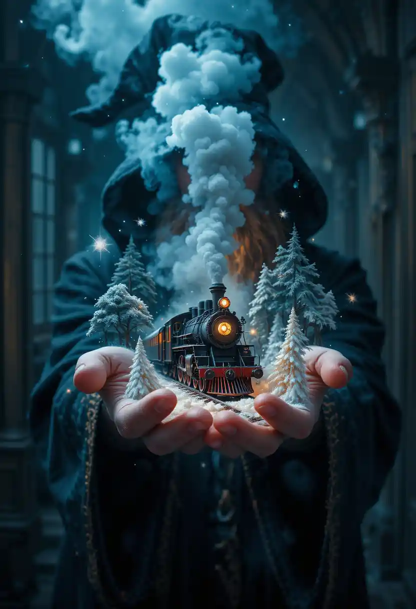 Double exposure wizard holding a tiny snowy world