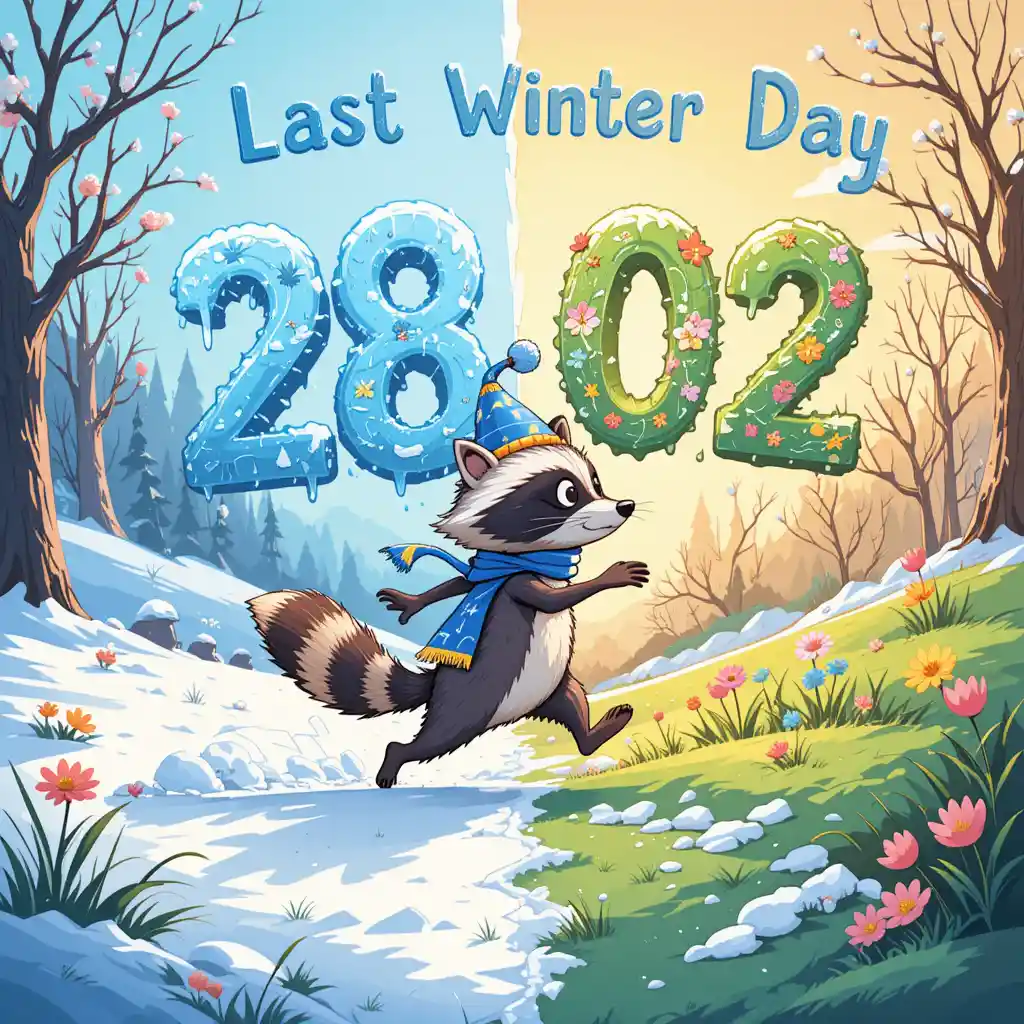 Raton laveur de dessin animé fuyant l’hiver enneigé vers le printemps lumineux