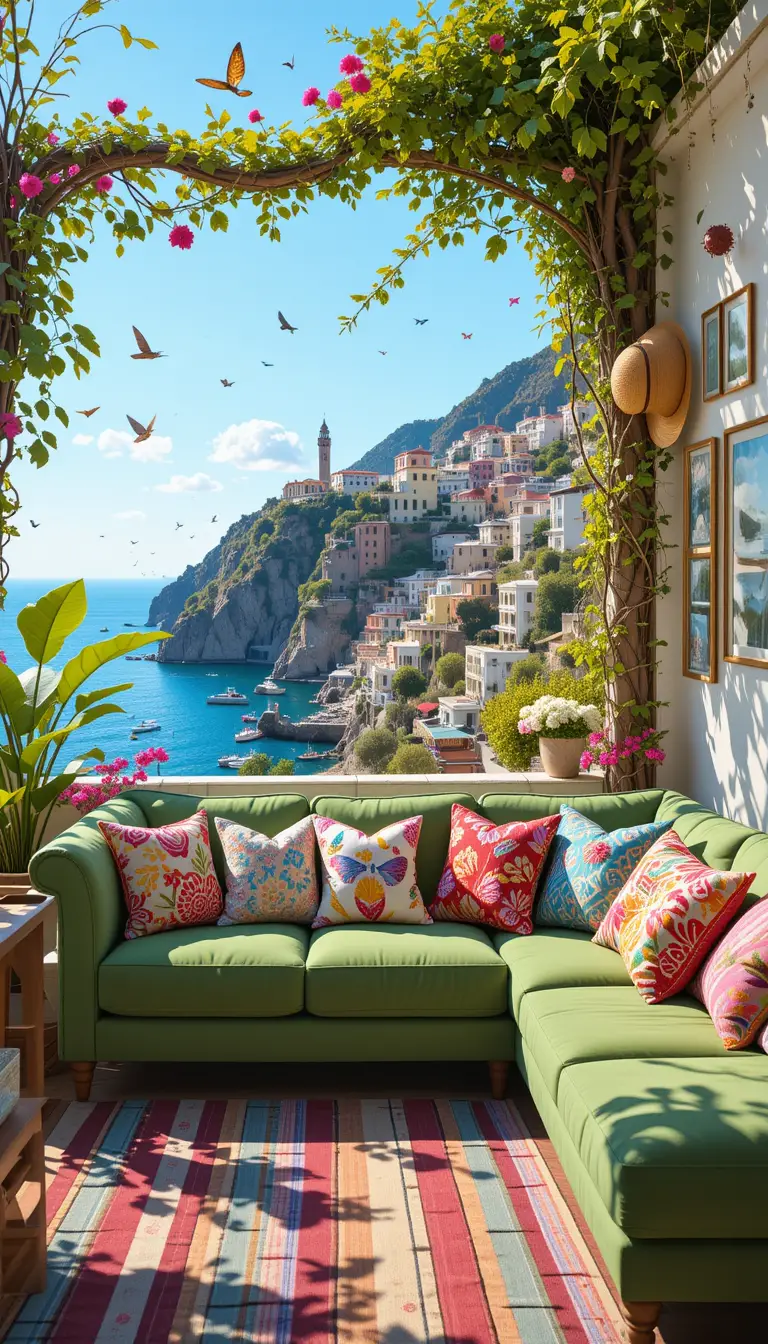 Cozy outdoor patio sofa overlooking mediterranean seaside town