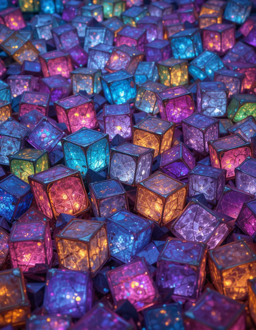 Colorful glowing cubes with metal edges and glass texture