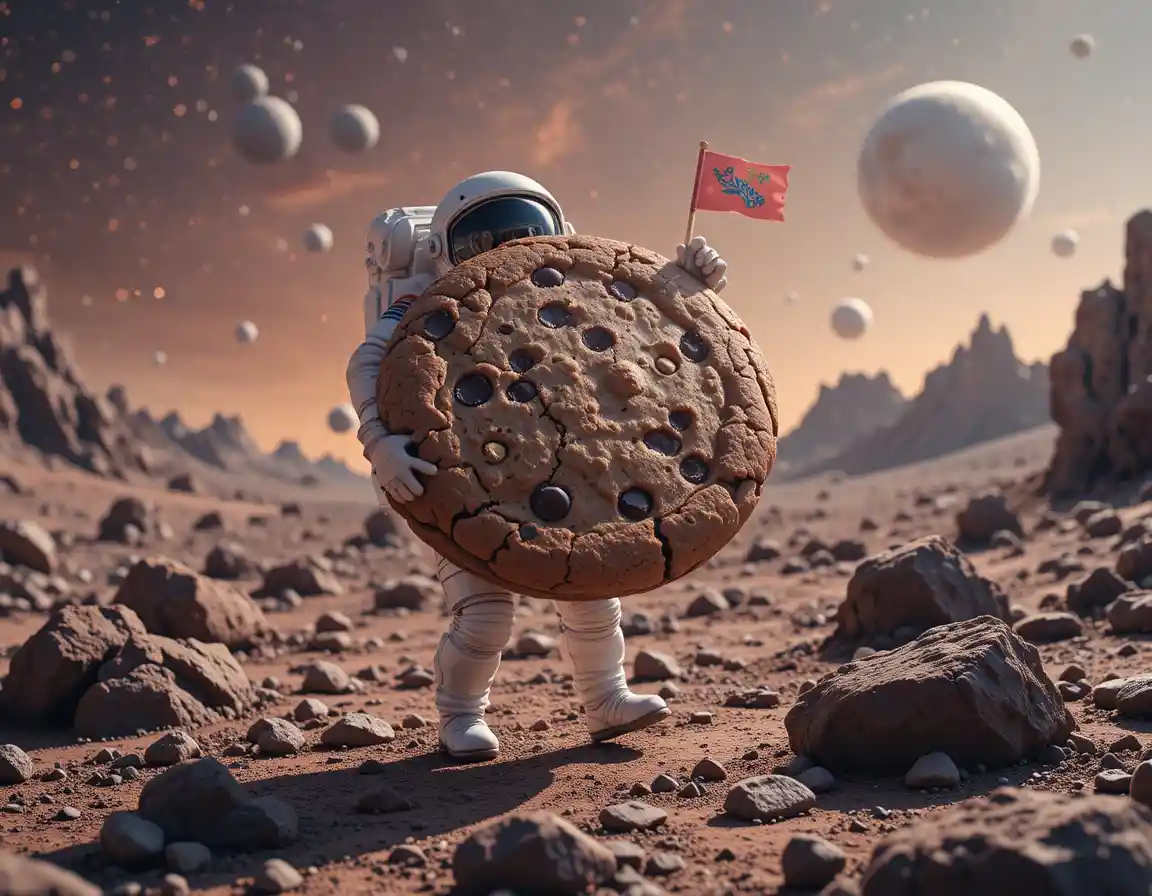 Astronaut Carrying Giant Cookie On Alien Planet Surface