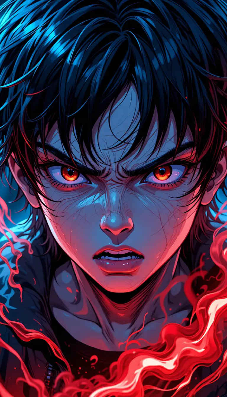 Angry anime boy close up with dramatic neon light