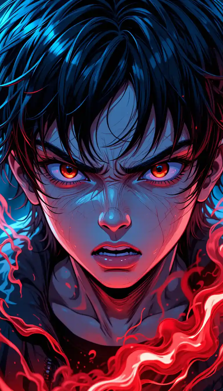 Angry anime boy close up with dramatic neon light