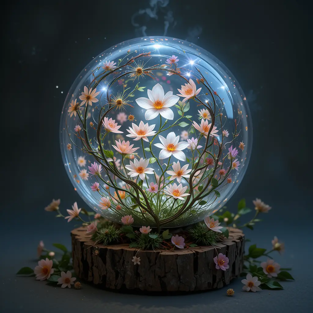 Enchanted floral crystal orb on wooden base