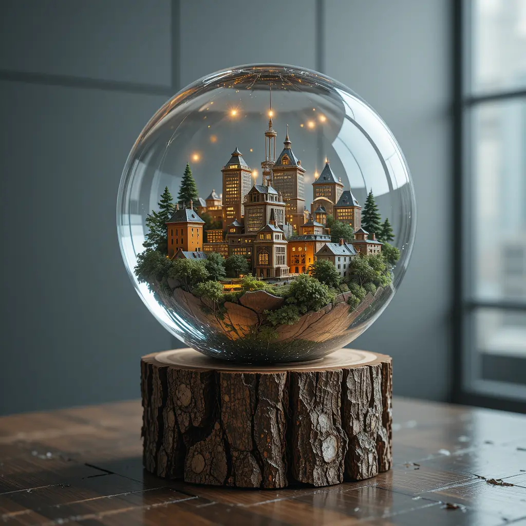 Glass globe city on a wooden log coffee table