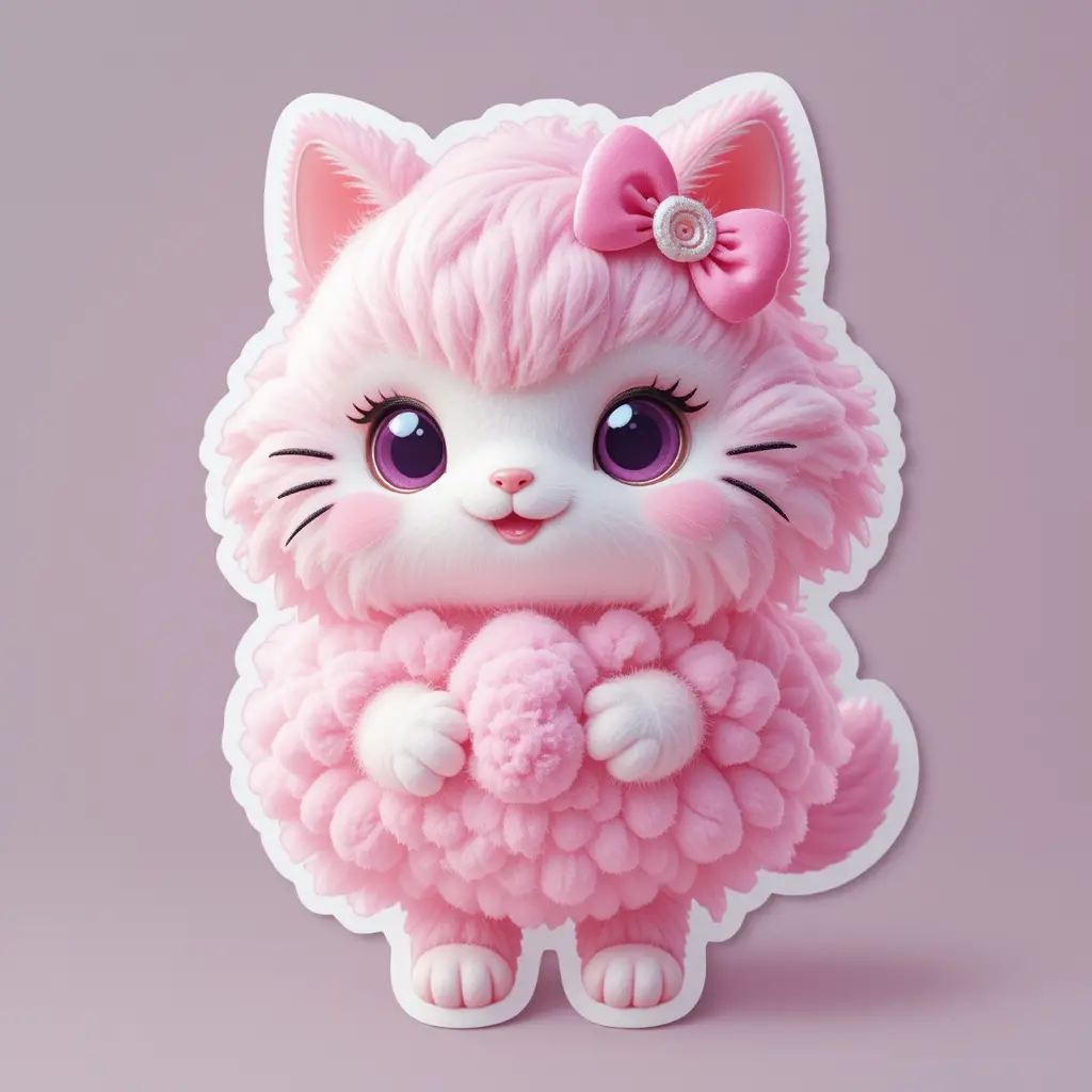 Cute 3D cotton candy cat sticker on white background