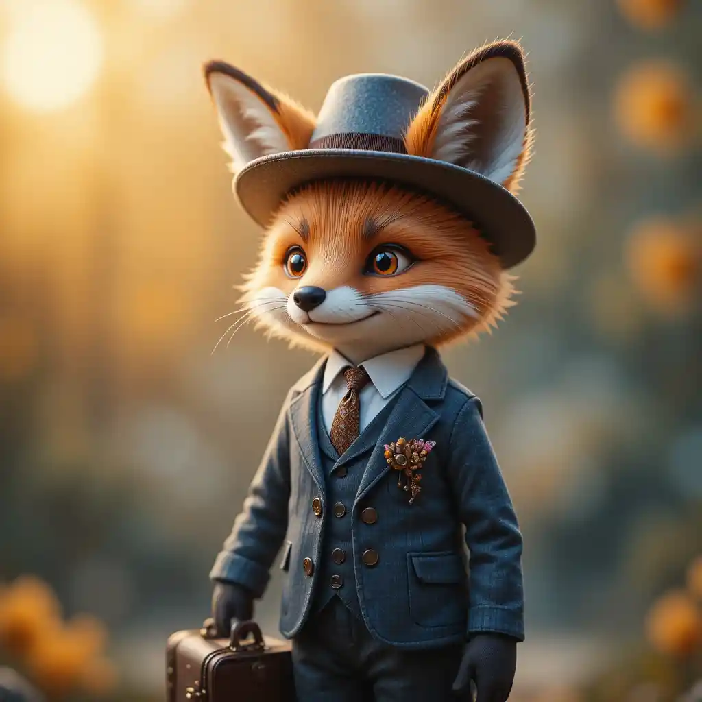 Toy fox in business suit with attache case at golden hour