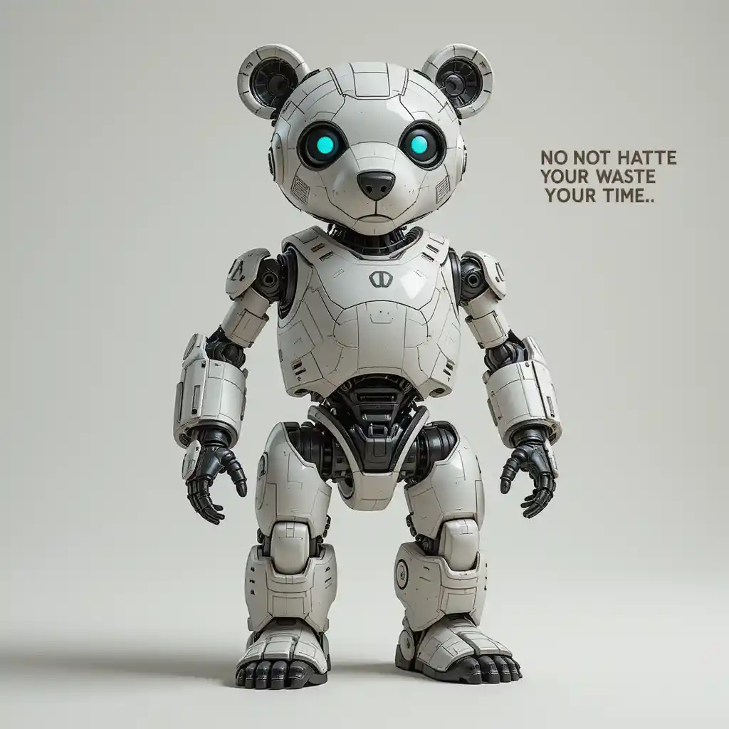 Futuristic robot bear character with bold warning text