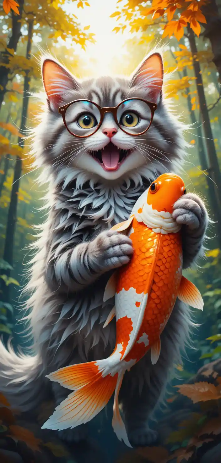 Playful kitten with glasses holding a bright koi fish