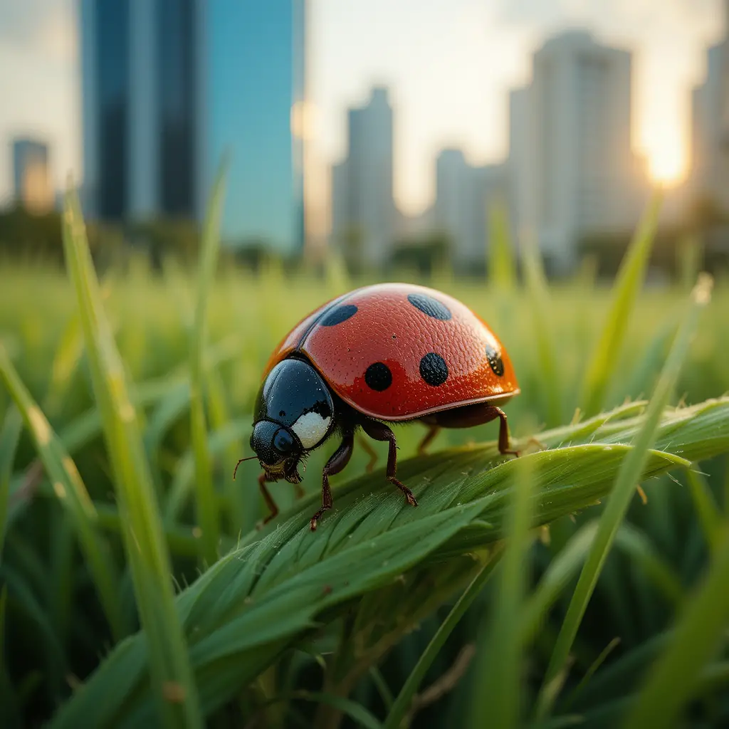 Macro ladybug on green grass with city background