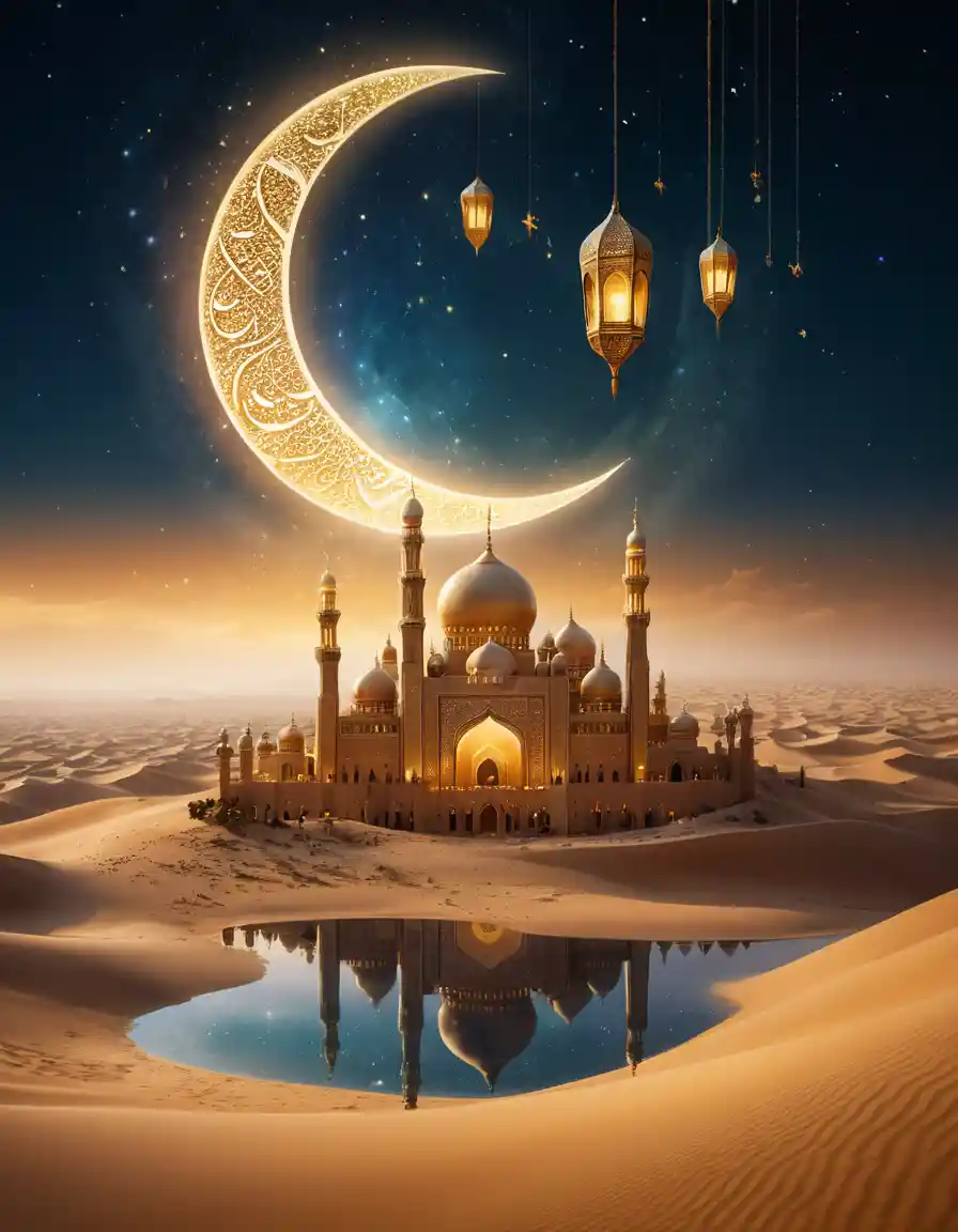 Celestial ramadan lantern above futuristic crystal mosques