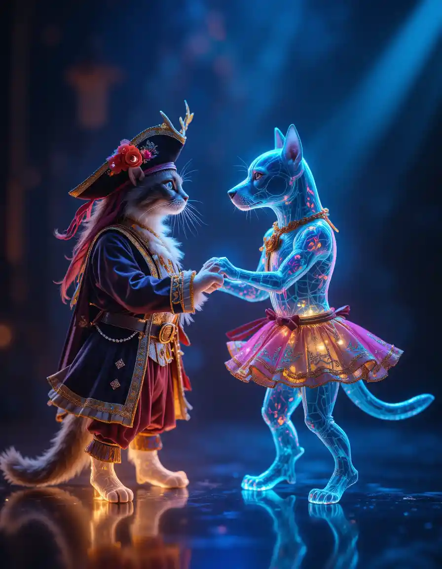 Holographic pirate cat and dancing dog facing each other