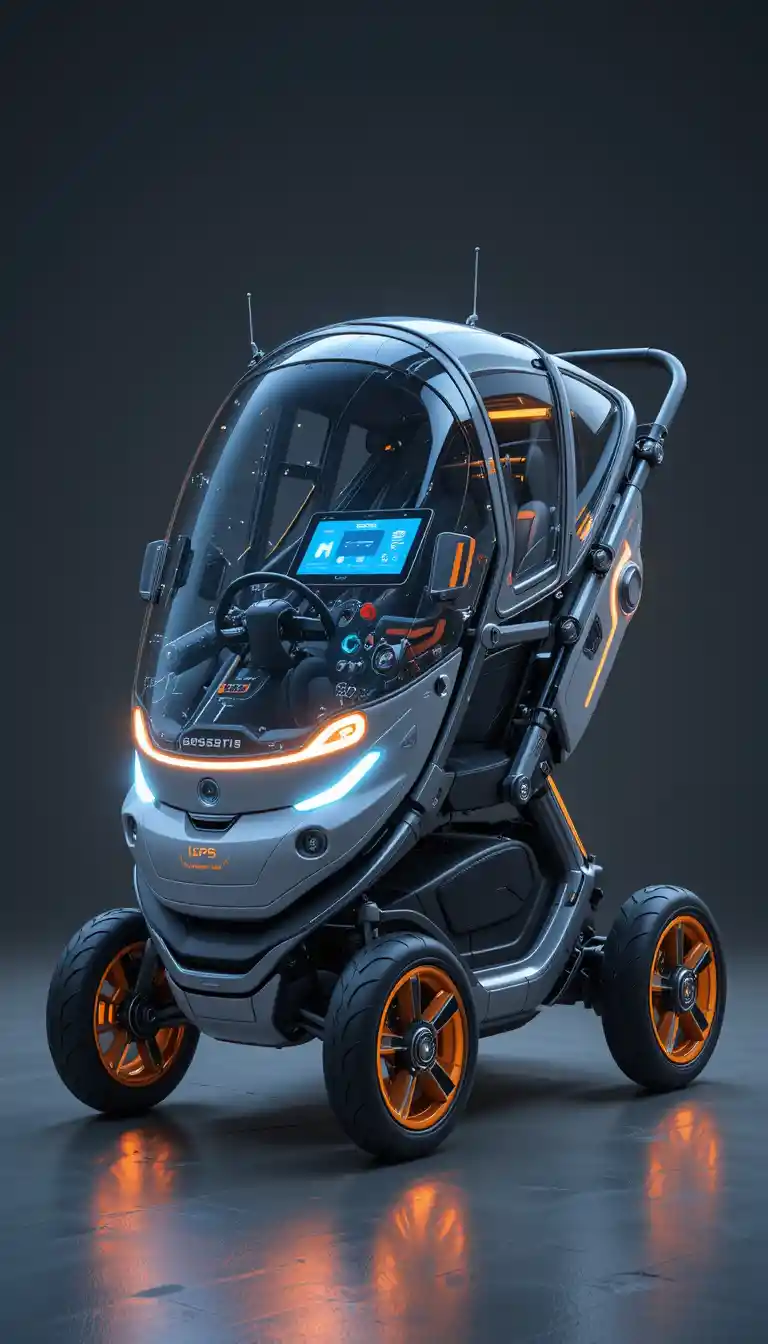 Futuristic self driving stroller with transparent hood and lights