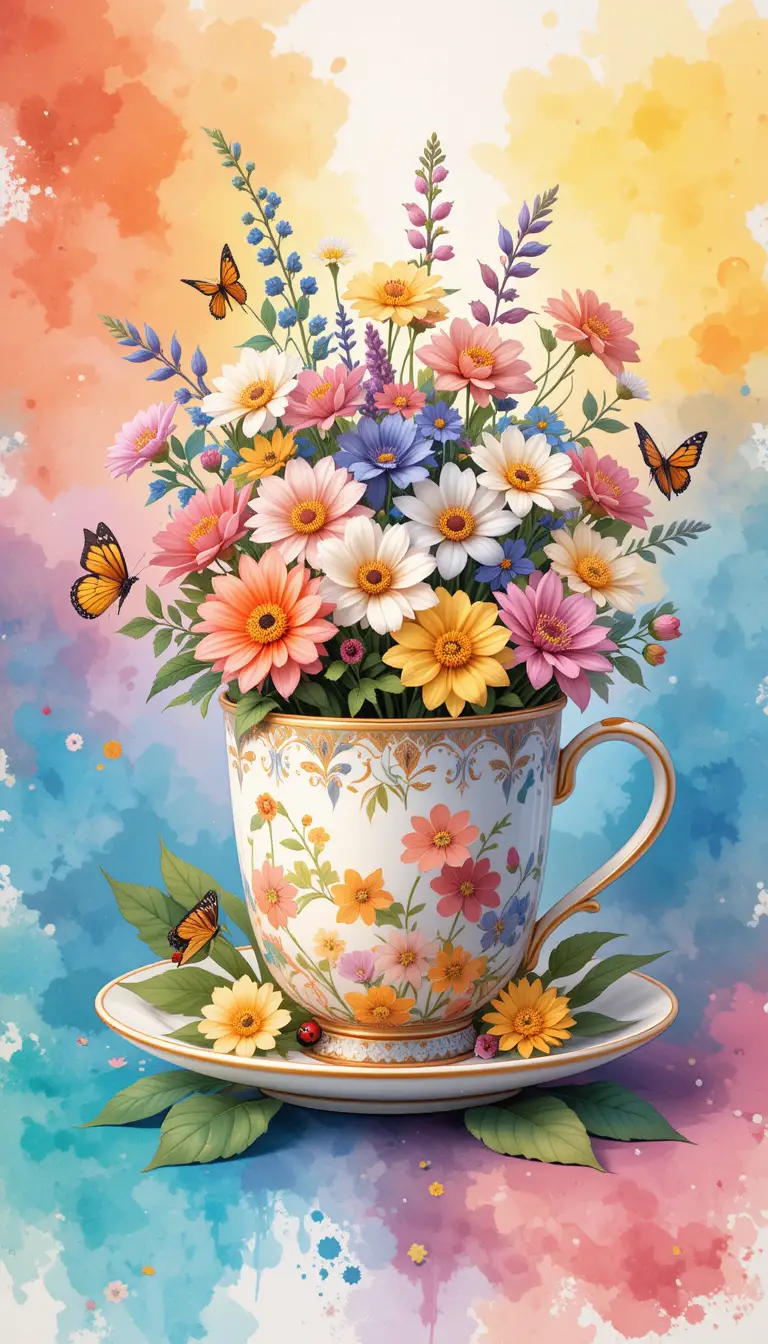Colorful spring flower cup with butterflies illustration