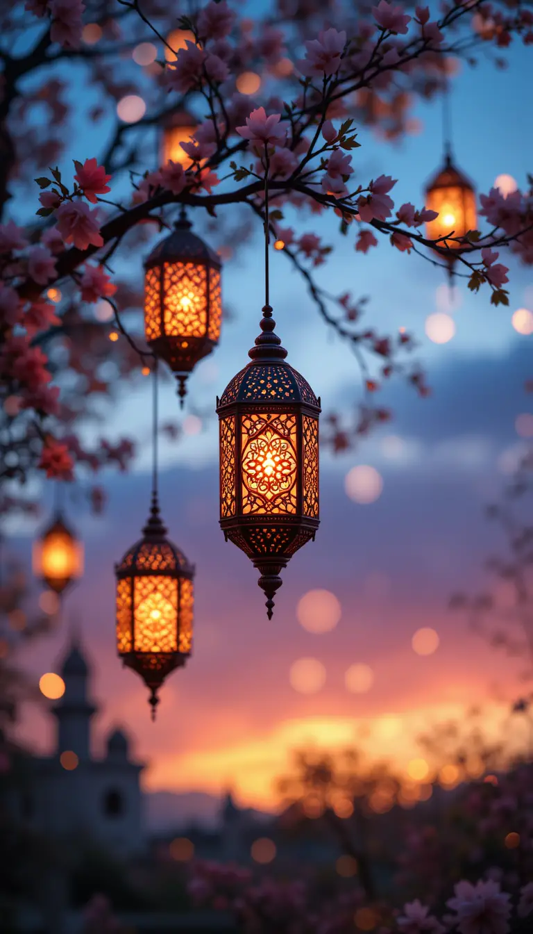 Glowing Ramadan lanterns hanging from branches at sunset