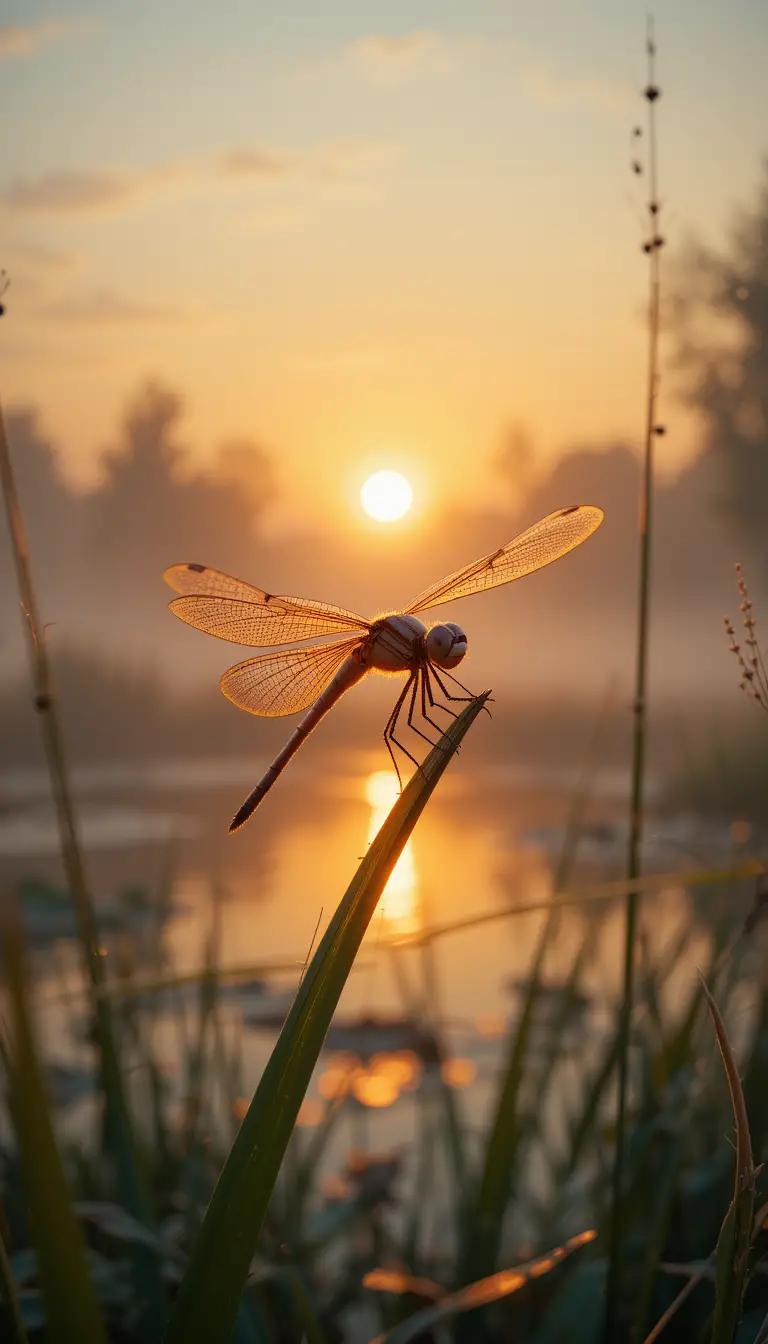 Dragonfly close up on grass at sunset by a pond