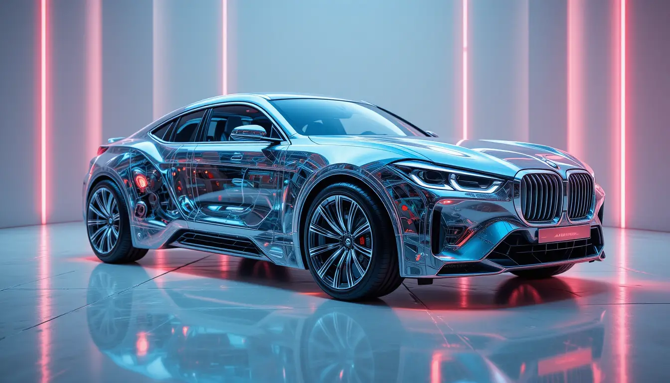 Transparent futuristic bmw car with glowing neon wheels