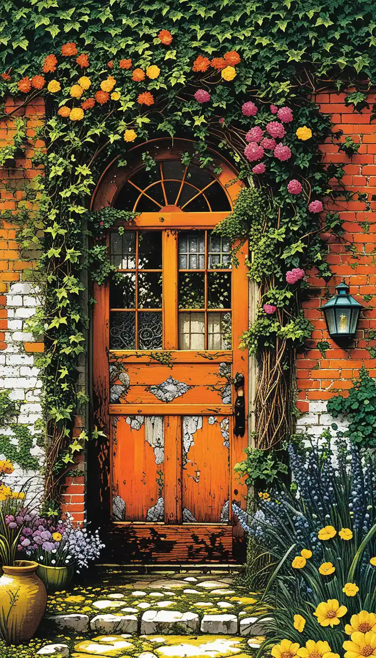 Embroidered rustic garden door in a magical courtyard