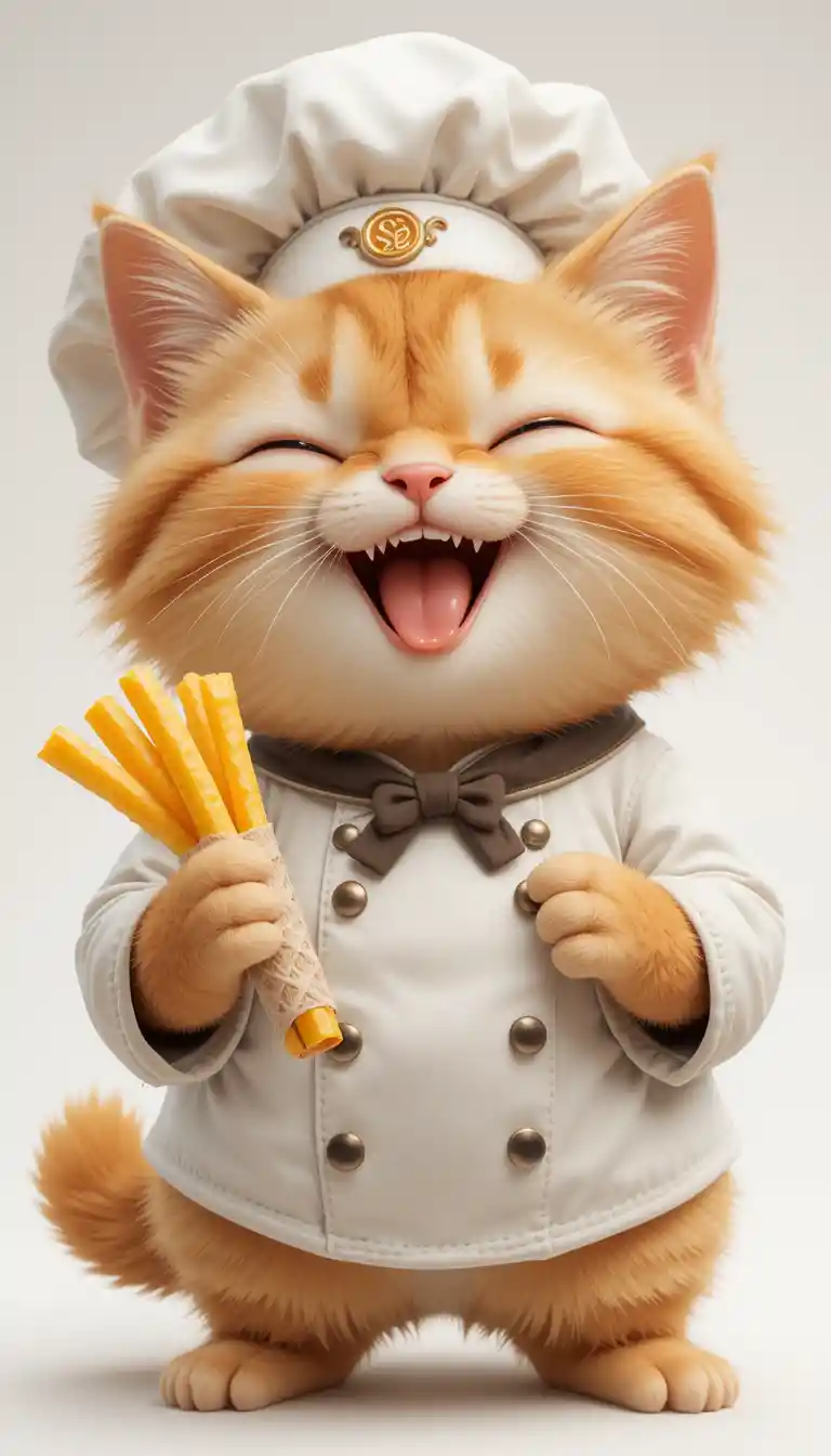 Joyful chubby chef cat holding a single crispy fry