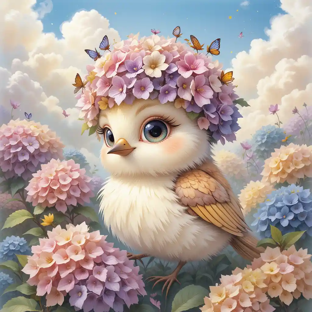 Whimsical Fluffy Bird In Hydrangeas And Soft Clouds