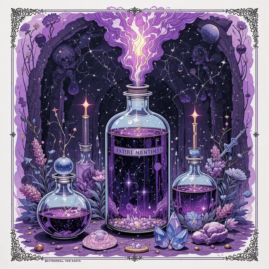 Fantasy potion recipe page with purple anime illustration