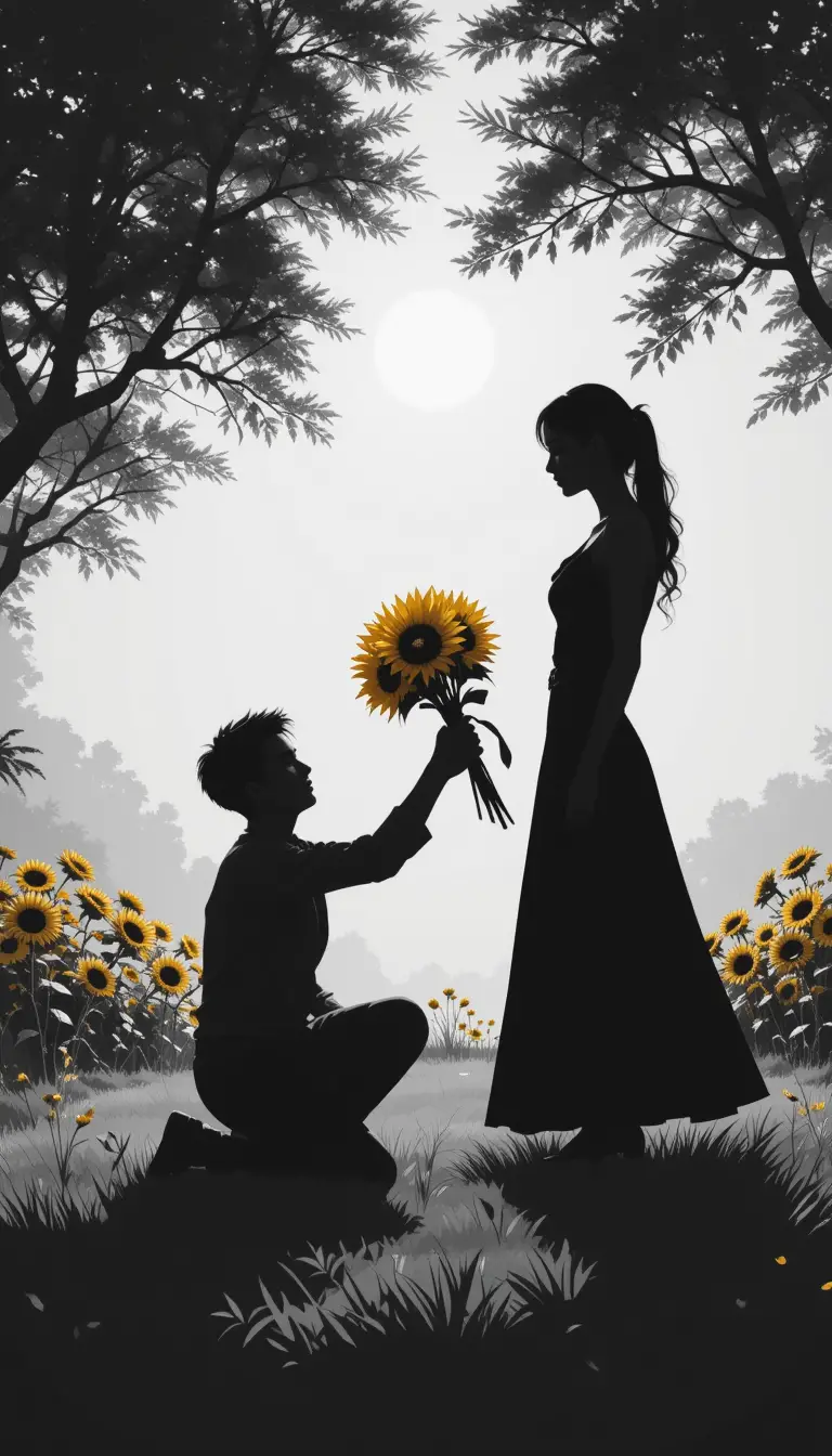 Young man offering sunflowers to a mysterious woman